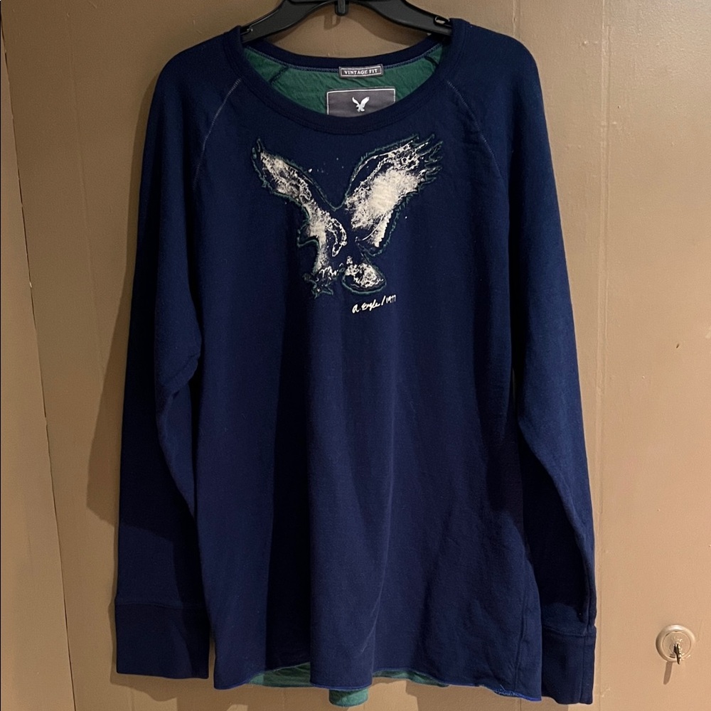 American Eagle Men’s Long Sleeved Graphic  1977 Shirt in Dark Blue Sz XXL